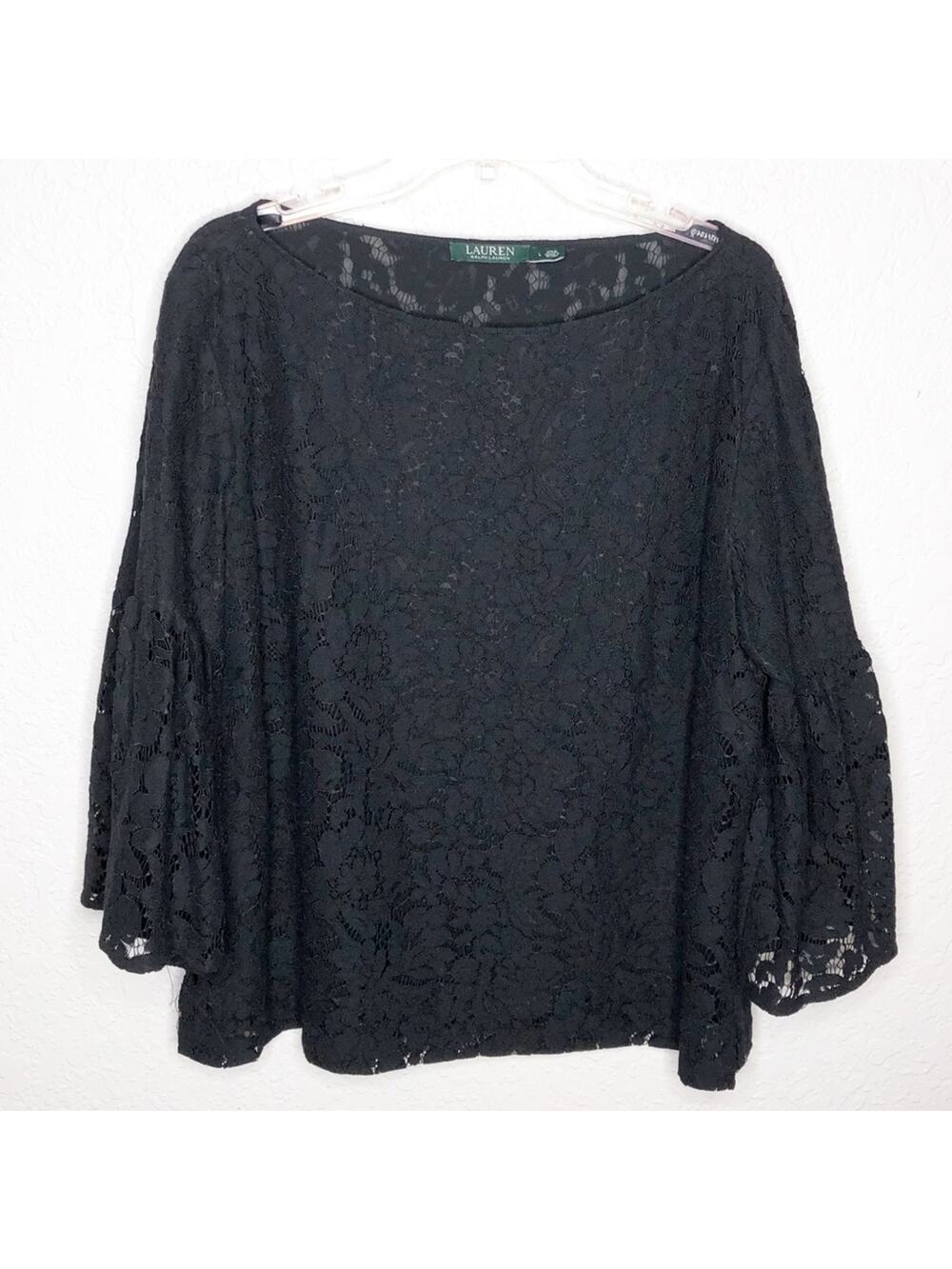 Lauren Ralph Lauren black lace overlay bell sleeve top size Large